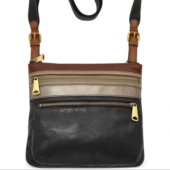 Vintage Fossil Black Burgundy Explorer Leather Patchwork Crossbody Bag - Picture 1 of 16